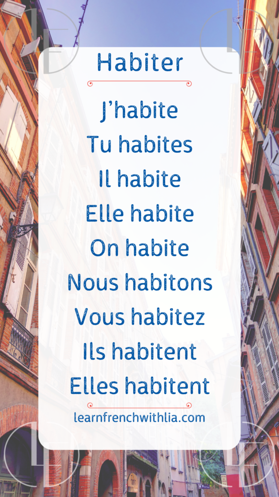 Tableau de conjugaison du verbe 'habiter' au présent en français.