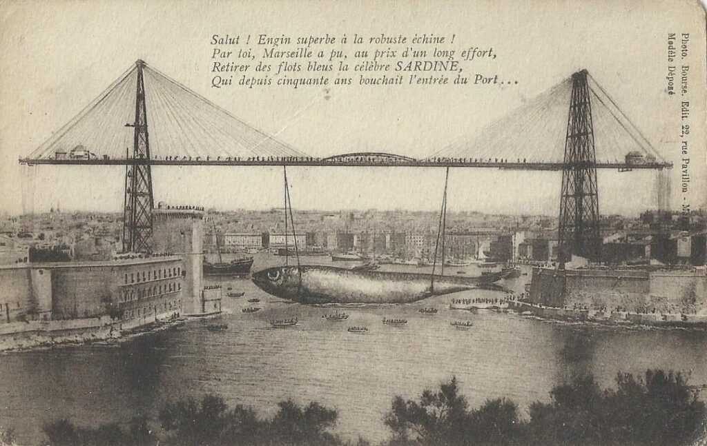 A picture of the Vieux Port de Marseille with a tin of sardines slightly open at the entrance of the port.