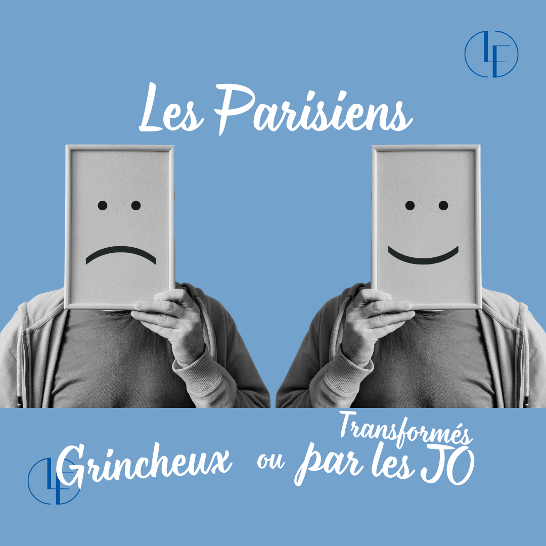 Homme tenant un tableau avec un visage souriant d'un côté et un visage triste de l'autre, avec le titre de l'article "Les Parisiens : Grincheux ou Transformés par les JO ?