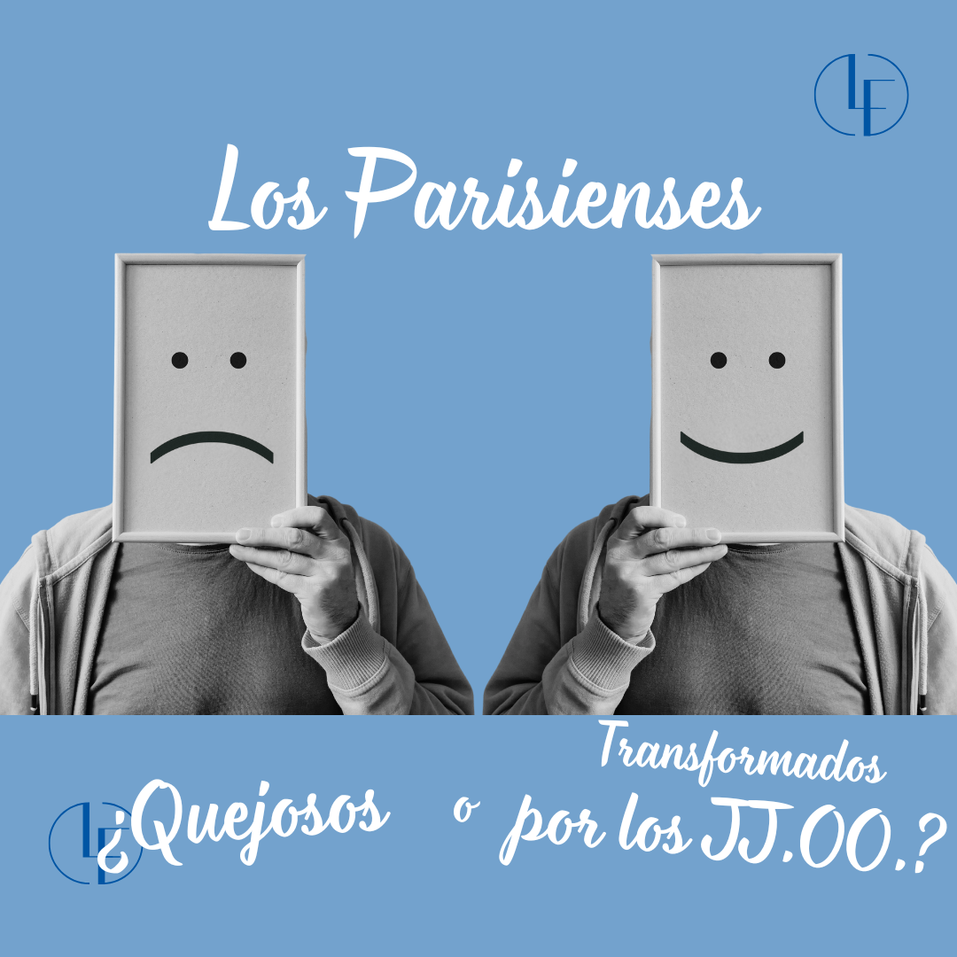 Hombre sosteniendo un tablero con una cara sonriente de un lado y una cara triste del otro, con el título del artículo "Les Parisiens: ¿gruñones o transformados por los Juegos Olímpicos?