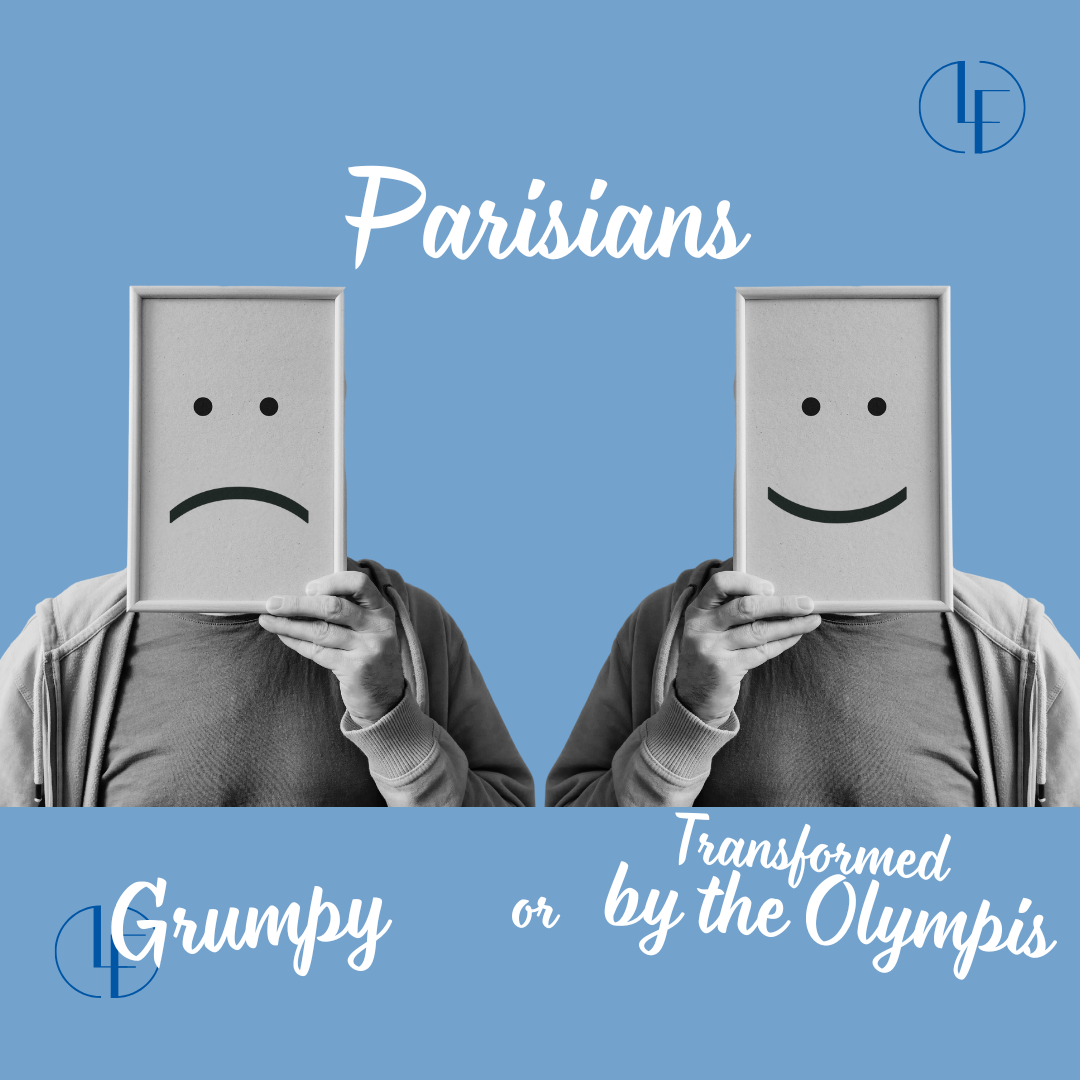 Man holding a board with a smiling face on one side and a sad face on the other, with the article title "Les Parisiens: Grumpy or Transformed by the Olympics?