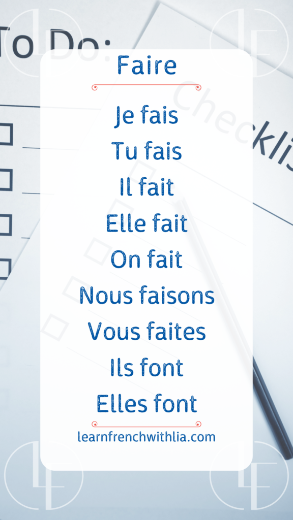 Conjugaison du verbe "faire" au présent avec le logo de LearnFrenchWithLia.com.
