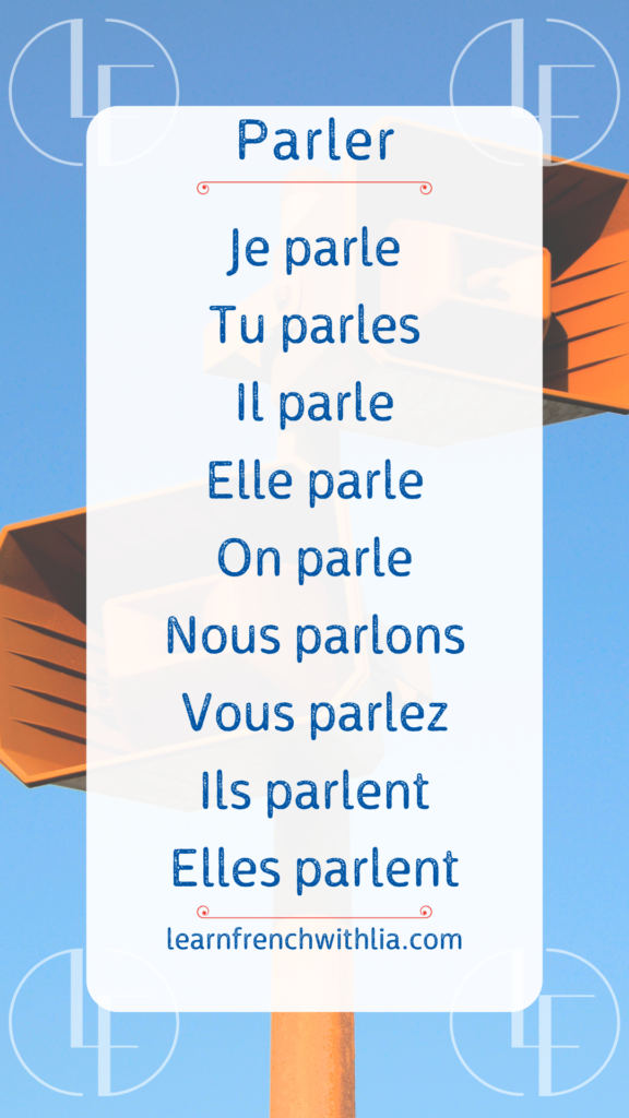 Conjugaison du verbe "parler" au présent avec le logo de LearnFrenchWithLia.com.