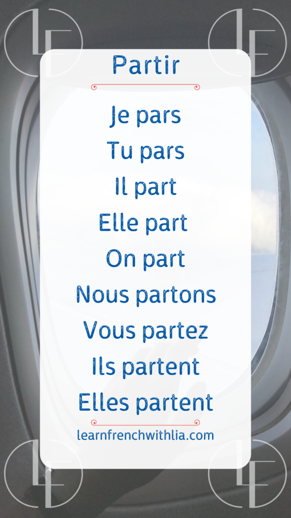 Conjugaison du verbe "partir" au présent avec le logo de LearnFrenchWithLia.com.