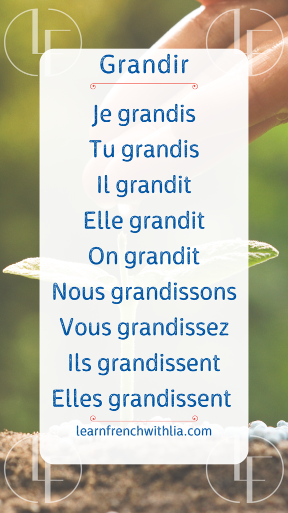 Conjugaison du verbe "grandir" au présent avec le logo de LearnFrenchWithLia.com.