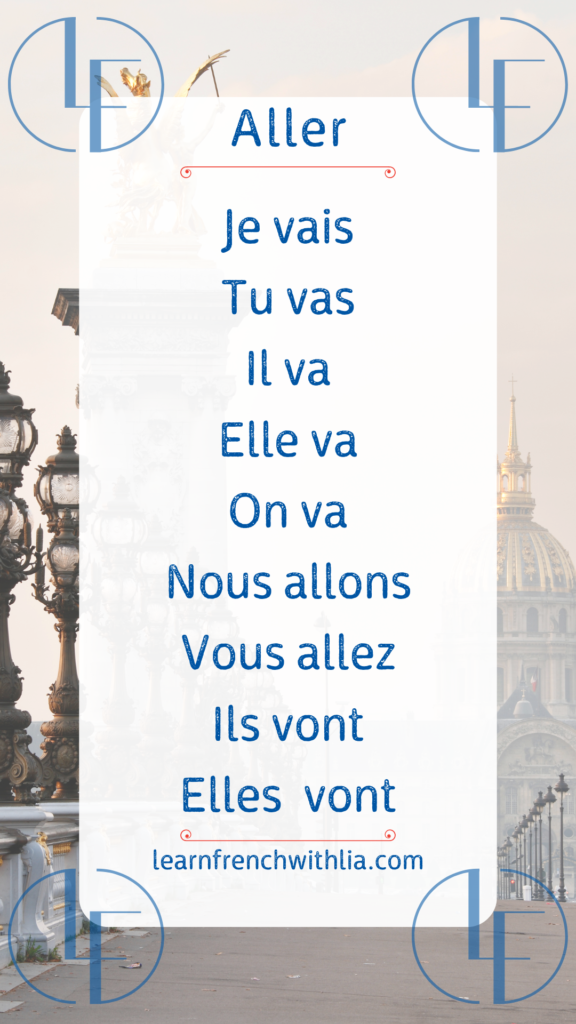 Conjugaison du verbe "aller" au présent avec le logo de LearnFrenchWithLia.com.