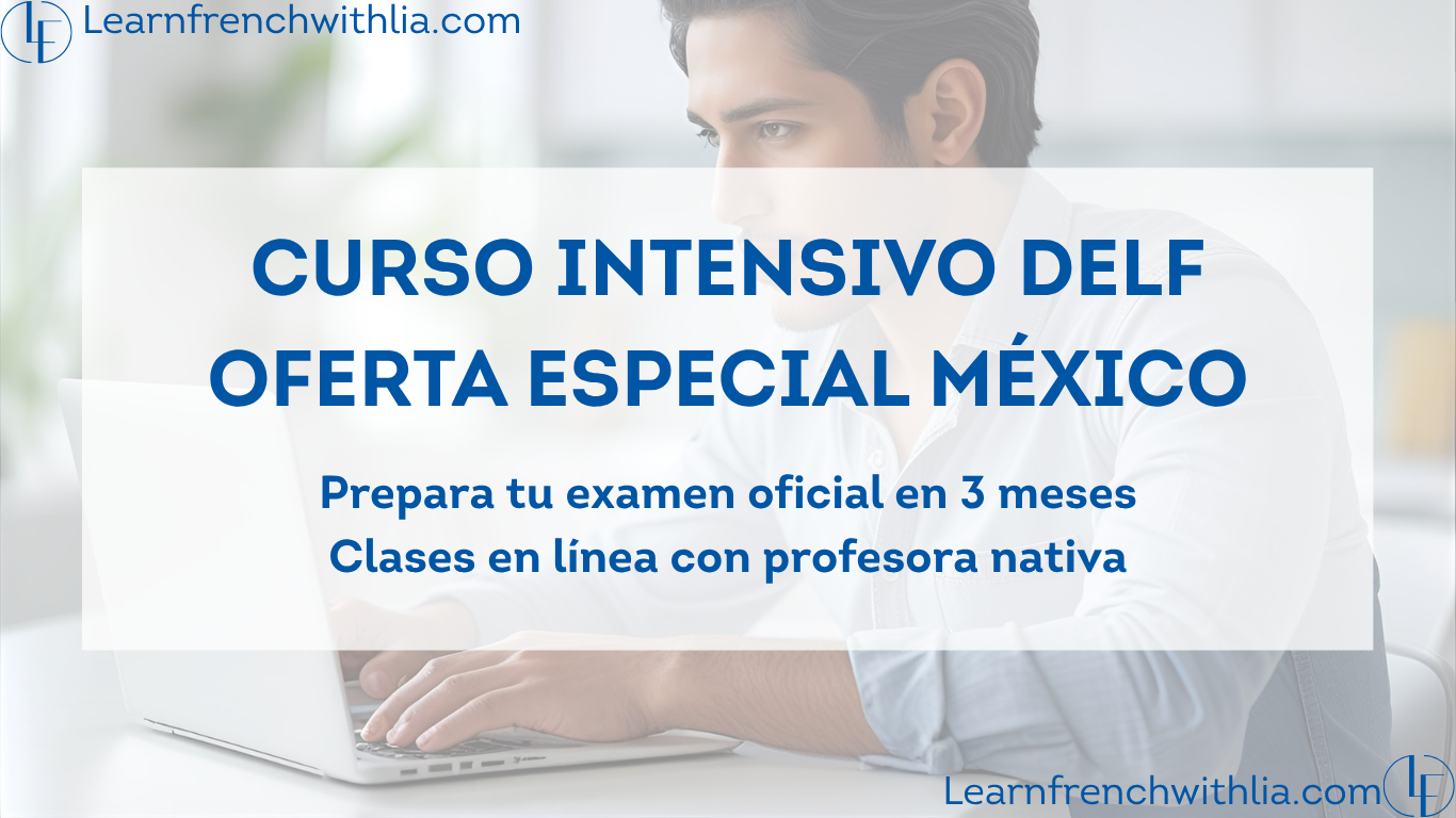 Hombre estudiando francés en línea con su laptop, preparación para el examen DELF en México.