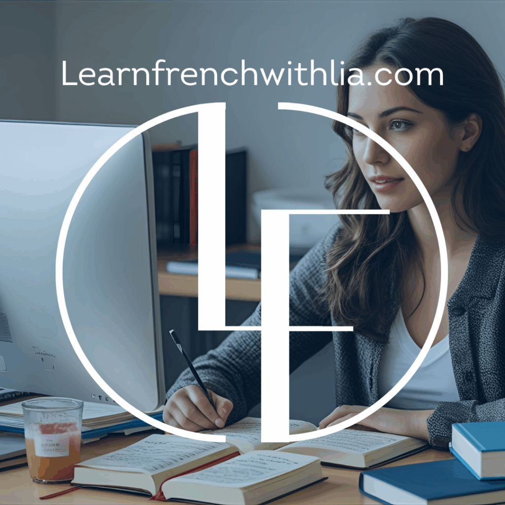 Mujer estudiando francés en línea frente a su computadora, con el logo LearnFrenchWithLia en el centro.